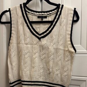 Love Tree V-Neck Cable Knit Sweater Vest - Cream and Black